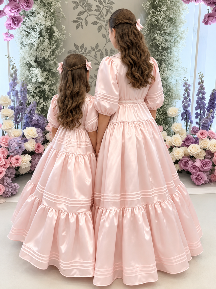 TinyTulle Elegant Blush Pink Satin Tiered Flower Girl Dress with Lace Collar &amp; Puff Sleeves
