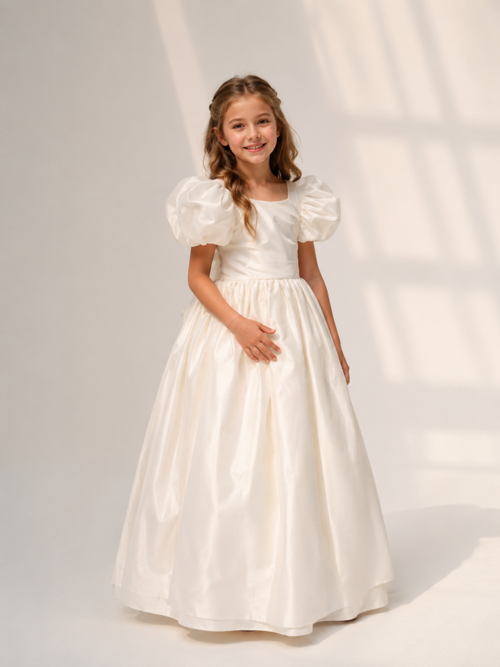 TinyTulle Elegant Ivory Puff Sleeve Flower Girl Dress for Weddings &amp; First Communion