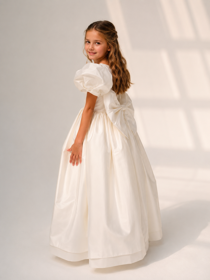 TinyTulle Elegant Ivory Puff Sleeve Flower Girl Dress for Weddings &amp; First Communion