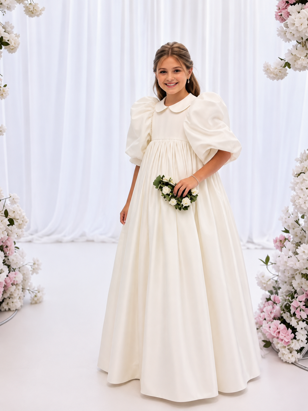 TinyTulle Elegant White Puff Sleeve High Waist Princess Flower Girl Dress for Wedding