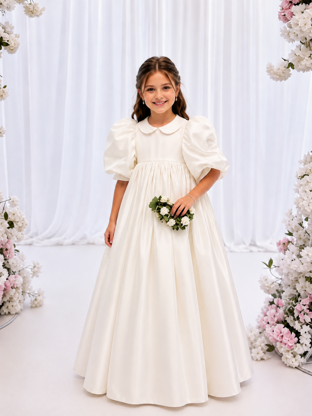 TinyTulle Elegant White Puff Sleeve High Waist Princess Flower Girl Dress for Wedding