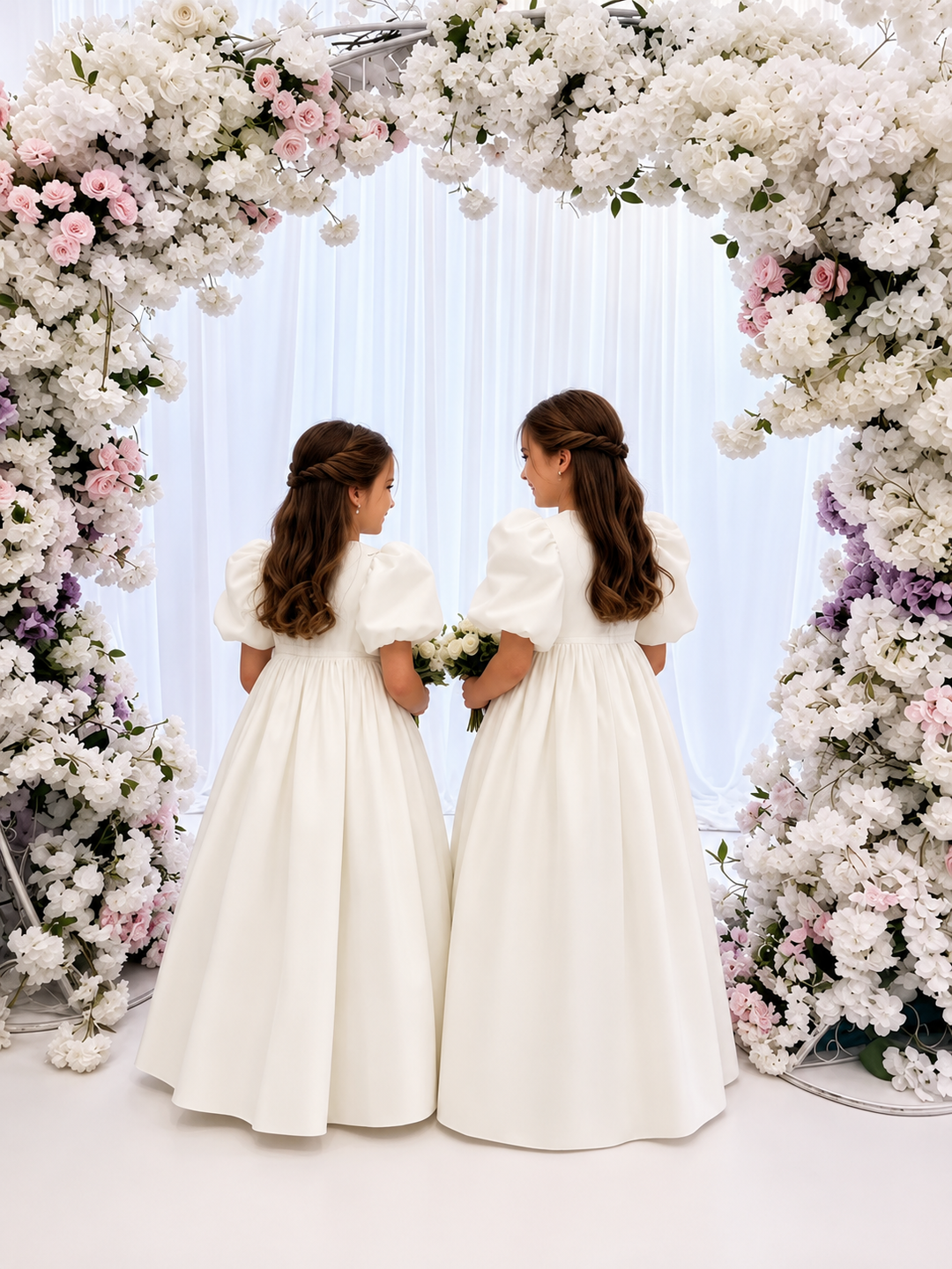 TinyTulle Elegant White Puff Sleeve High Waist Princess Flower Girl Dress for Wedding