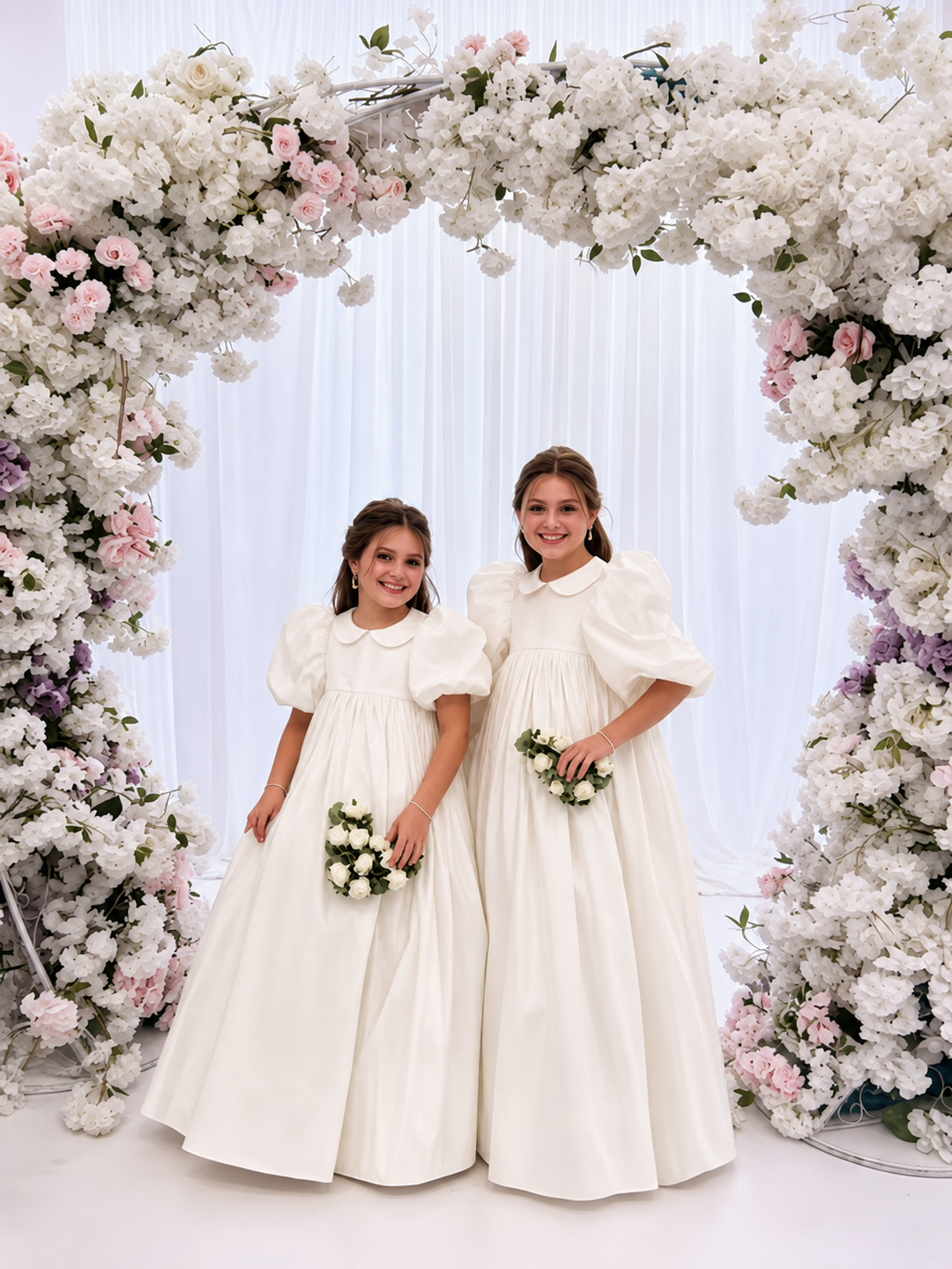 TinyTulle Elegant White Puff Sleeve High Waist Princess Flower Girl Dress for Wedding