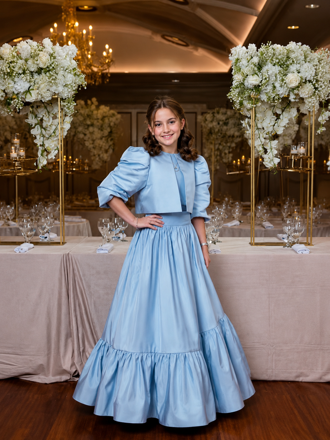 TinyTulle Elegant Blue Satin Puff Sleeve Flower Girl Dress for Special Occasions