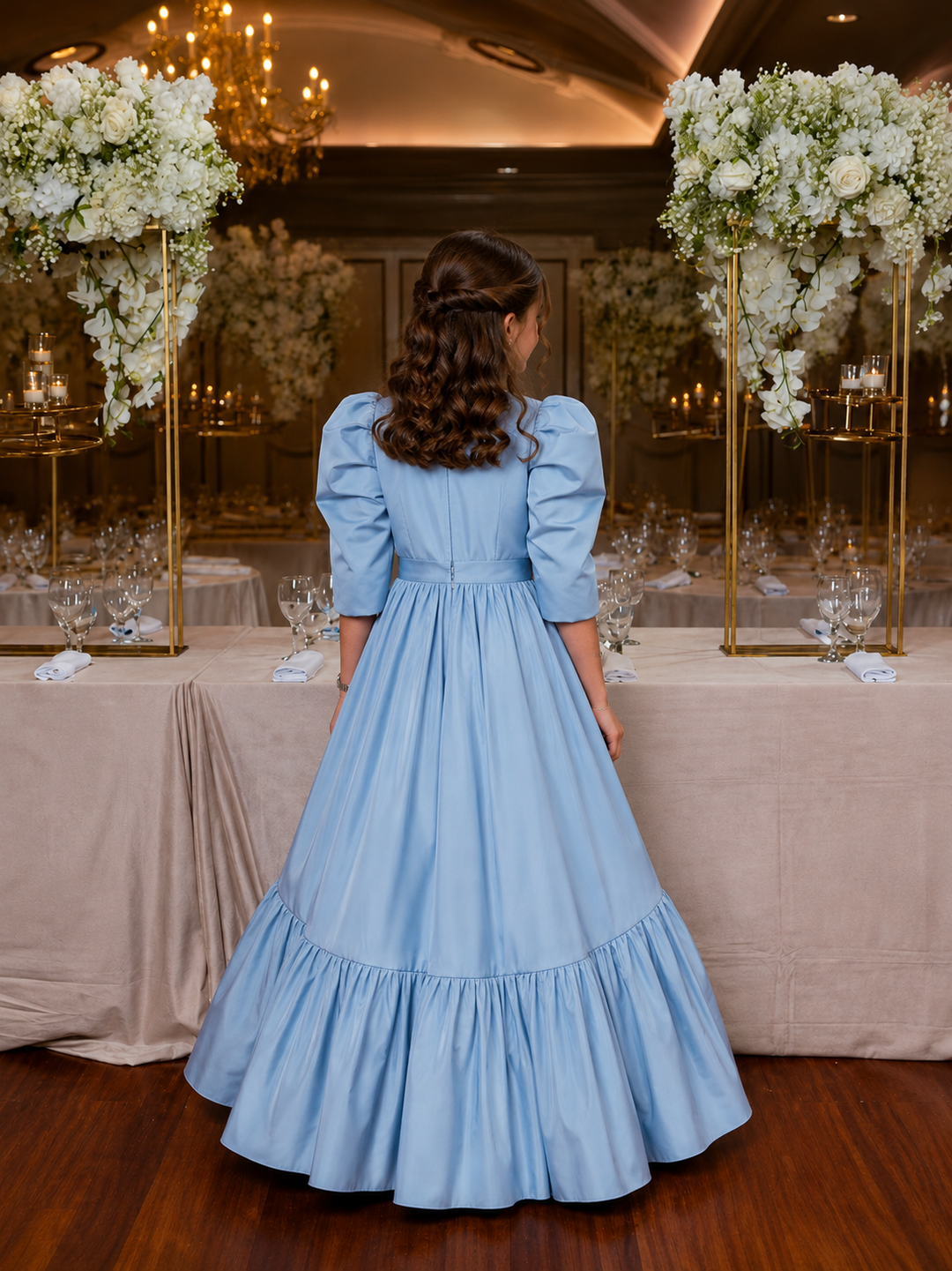 TinyTulle Elegant Blue Satin Puff Sleeve Flower Girl Dress for Special Occasions