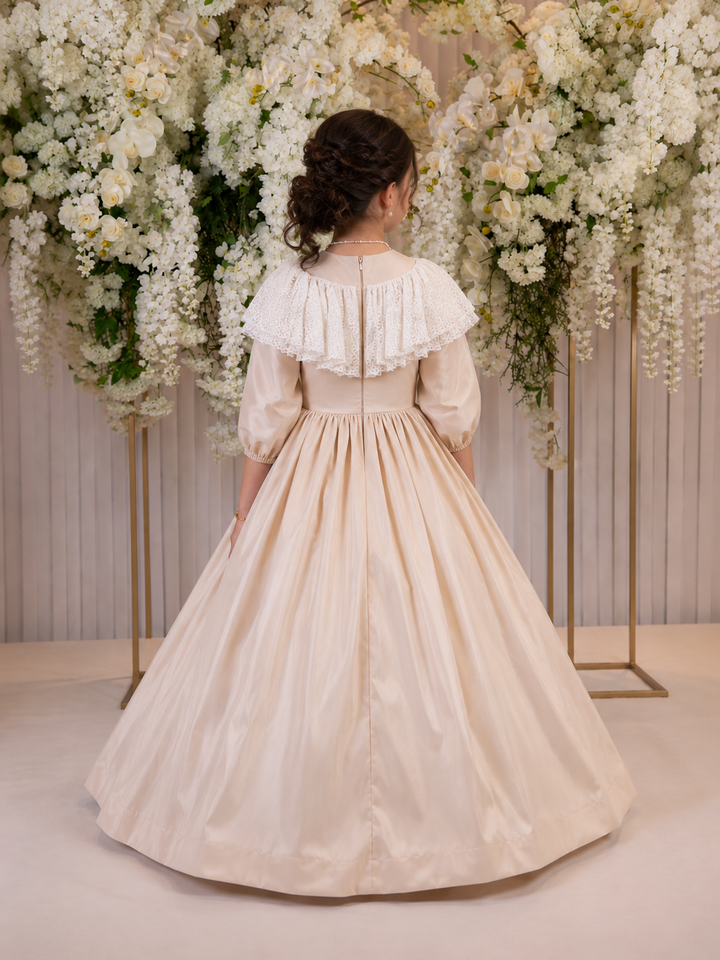 TinyTulle Champagne Princess Satin Flower Girl Dress with Lace Collar
