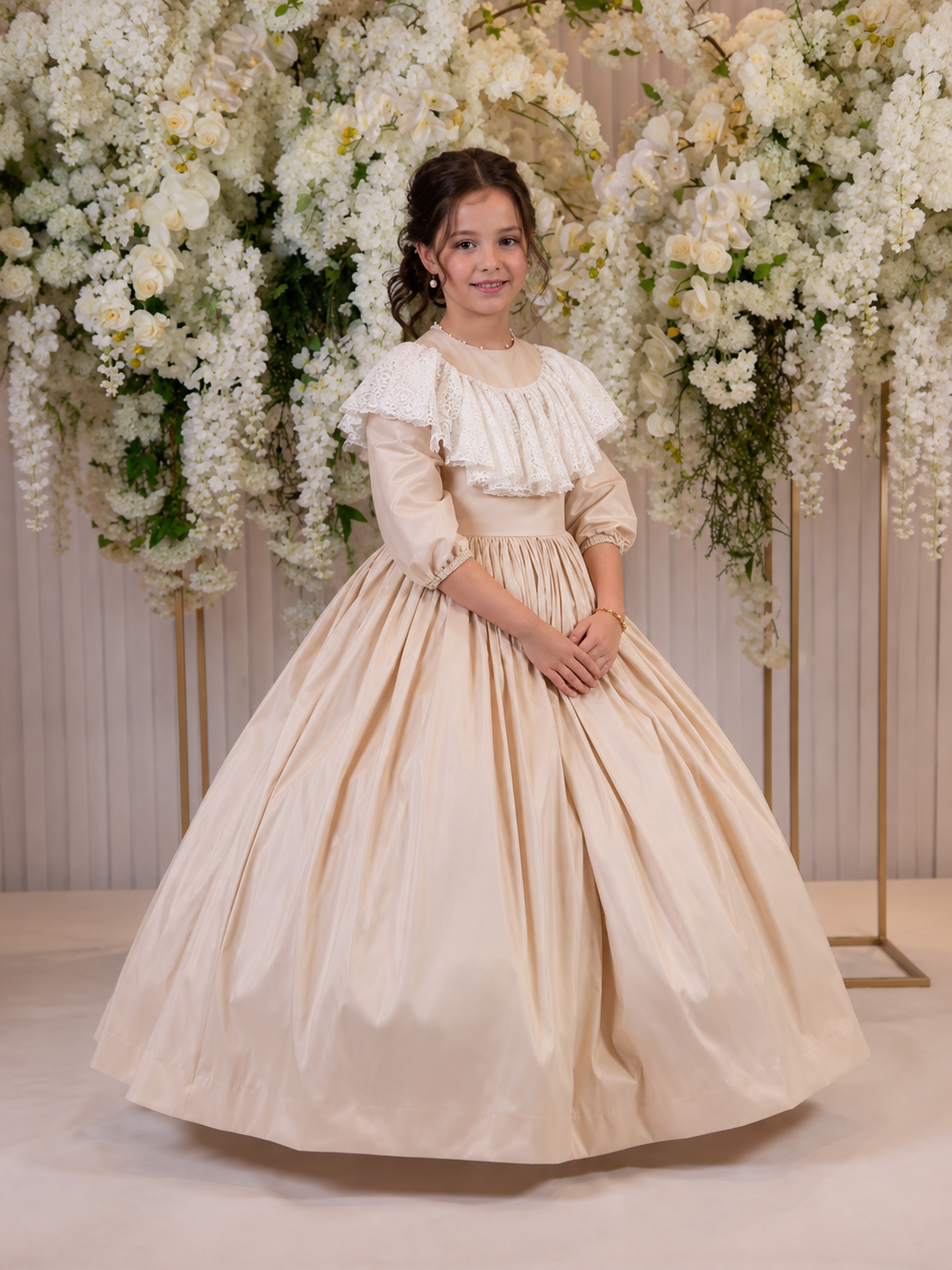 TinyTulle Champagne Princess Satin Flower Girl Dress with Lace Collar