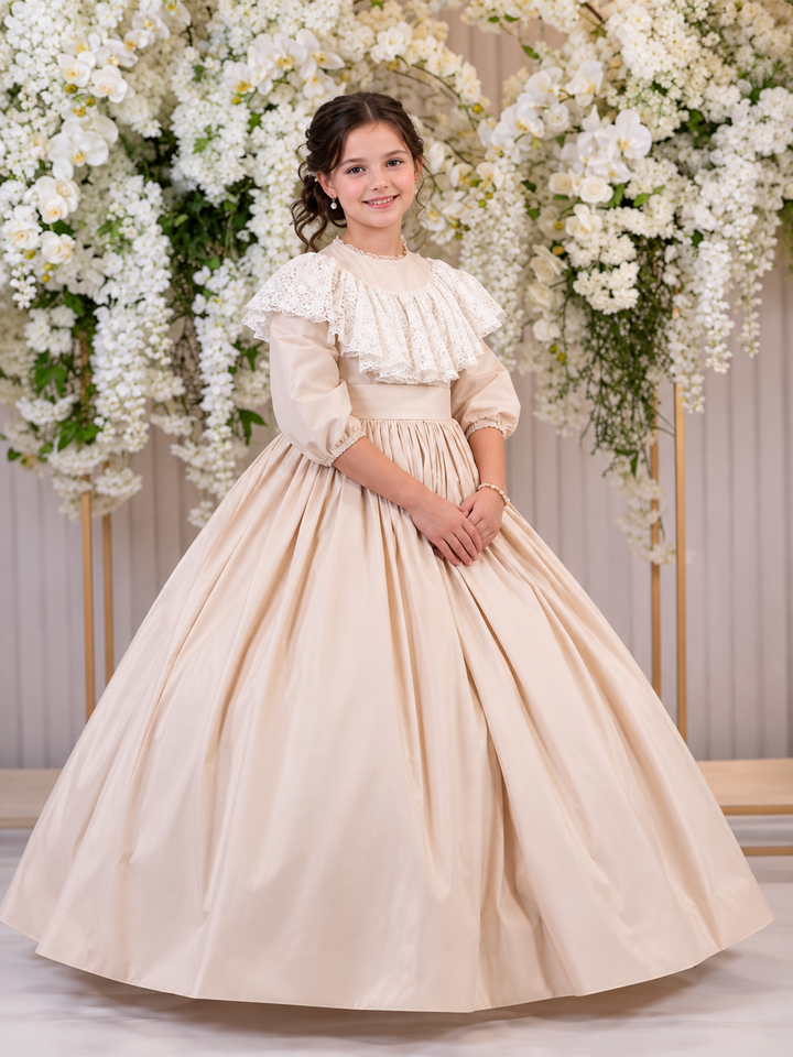 TinyTulle Champagne Princess Satin Flower Girl Dress with Lace Collar
