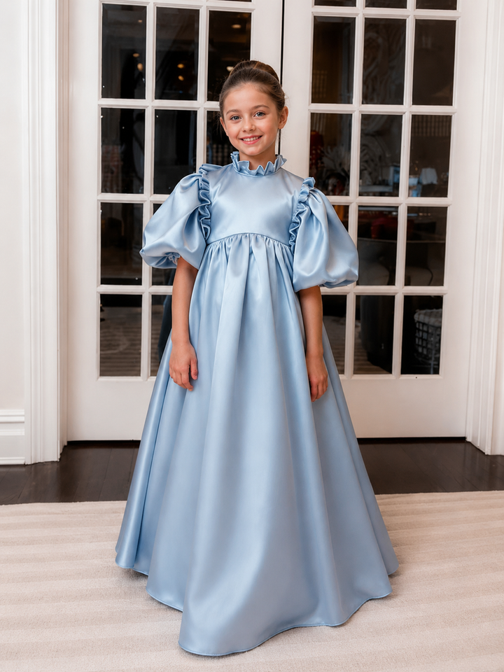 TinyTulle Elegant Light Blue Satin Puff Sleeve Flower Girl Dress with Bow