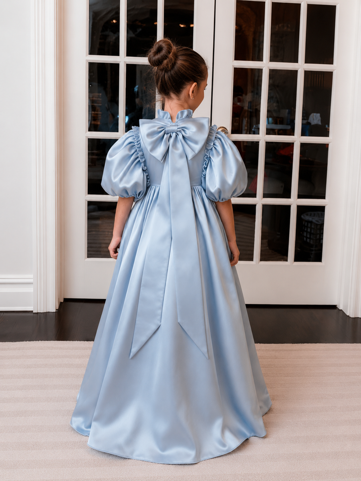 TinyTulle Elegant Light Blue Satin Puff Sleeve Flower Girl Dress with Bow