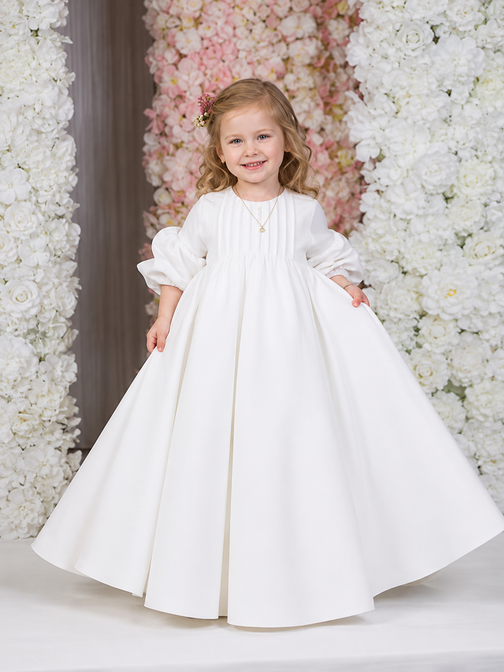 TinyTulle Elegant White Puff Sleeve Flower Girl Dress with Oversized Bow