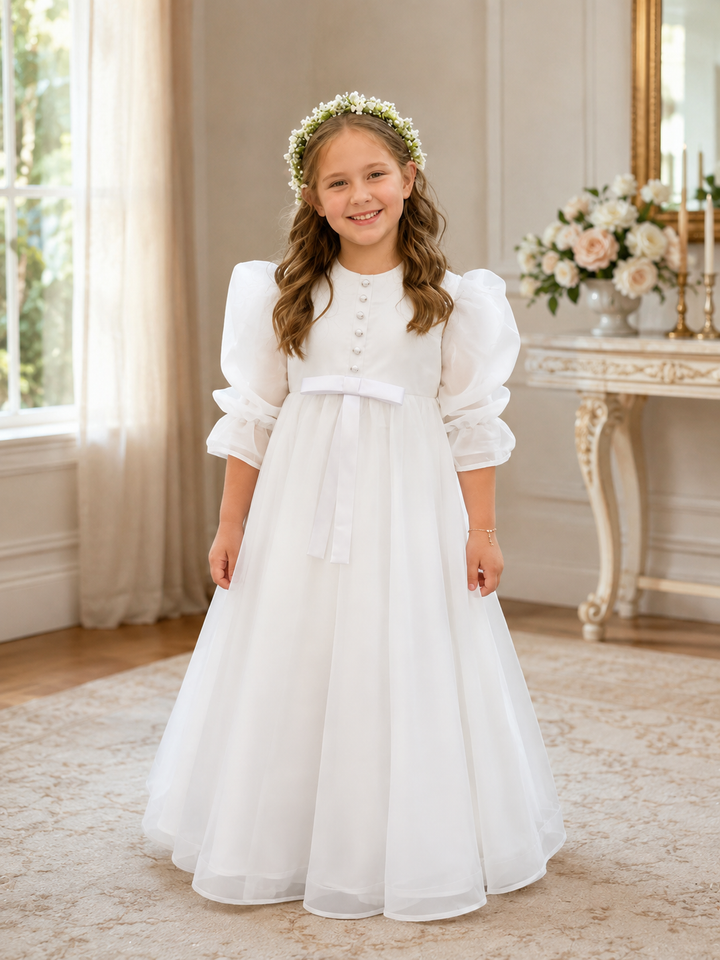 Sunnypetal Elegant White Long Sleeve Tulle Flower Girl Dress with Oversized Back Bow