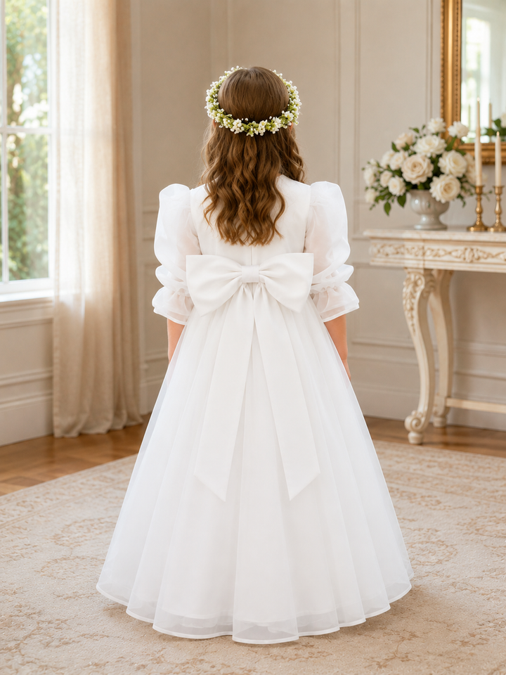 Sunnypetal Elegant White Long Sleeve Tulle Flower Girl Dress with Oversized Back Bow