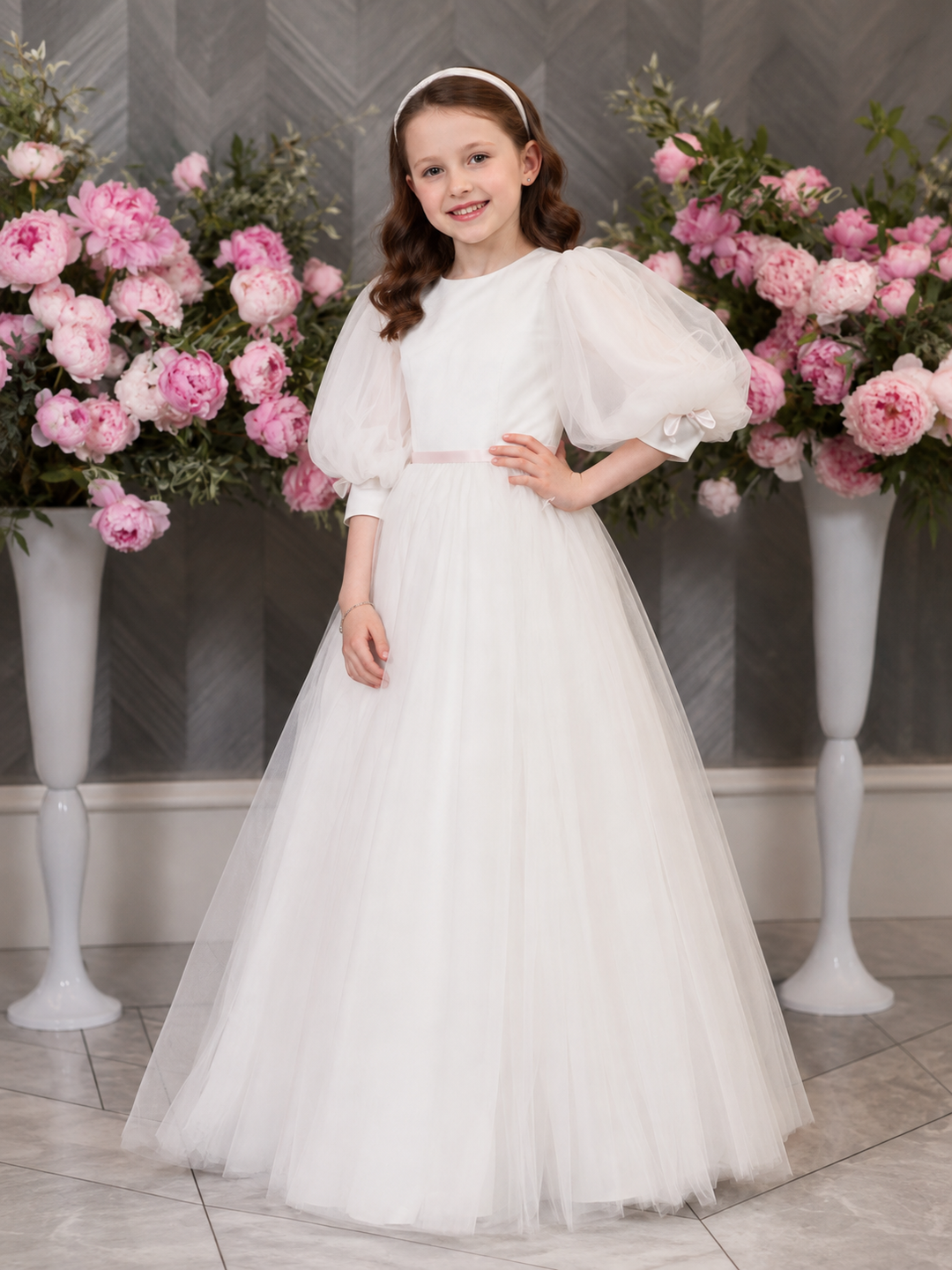 TinyTulle Elegant White Tulle First Communion Dress for Girls with Puff Sleeves &amp; Bow Detail
