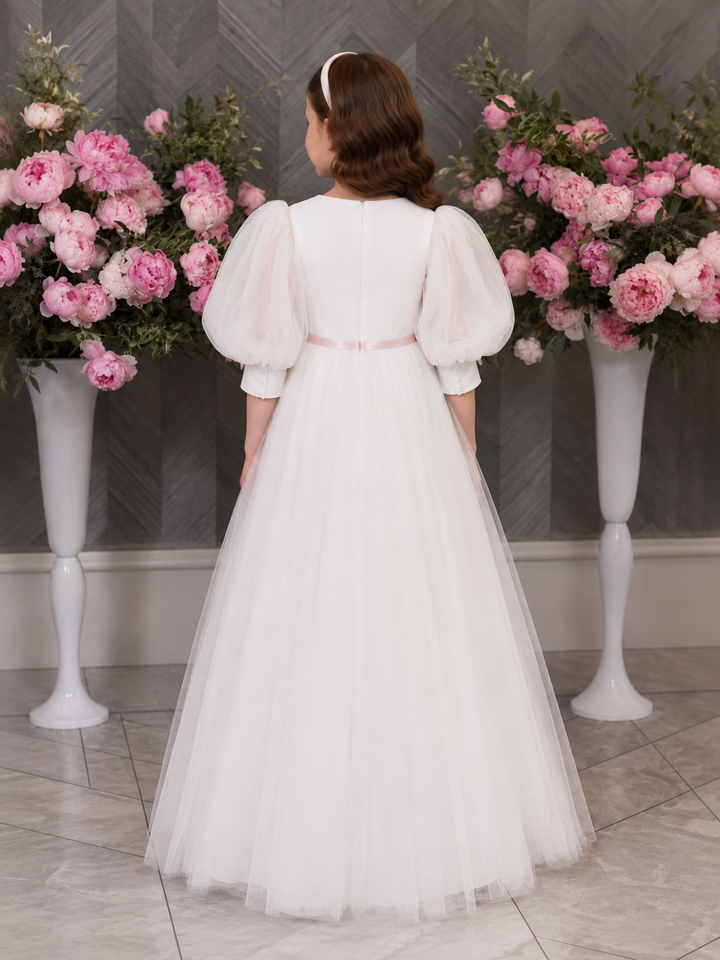 TinyTulle Elegant White Tulle First Communion Dress for Girls with Puff Sleeves &amp; Bow Detail