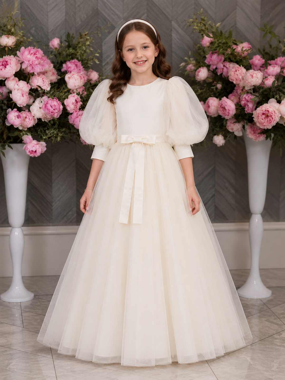 TinyTulle Elegant White Tulle First Communion Dress for Girls with Puff Sleeves &amp; Bow Detail