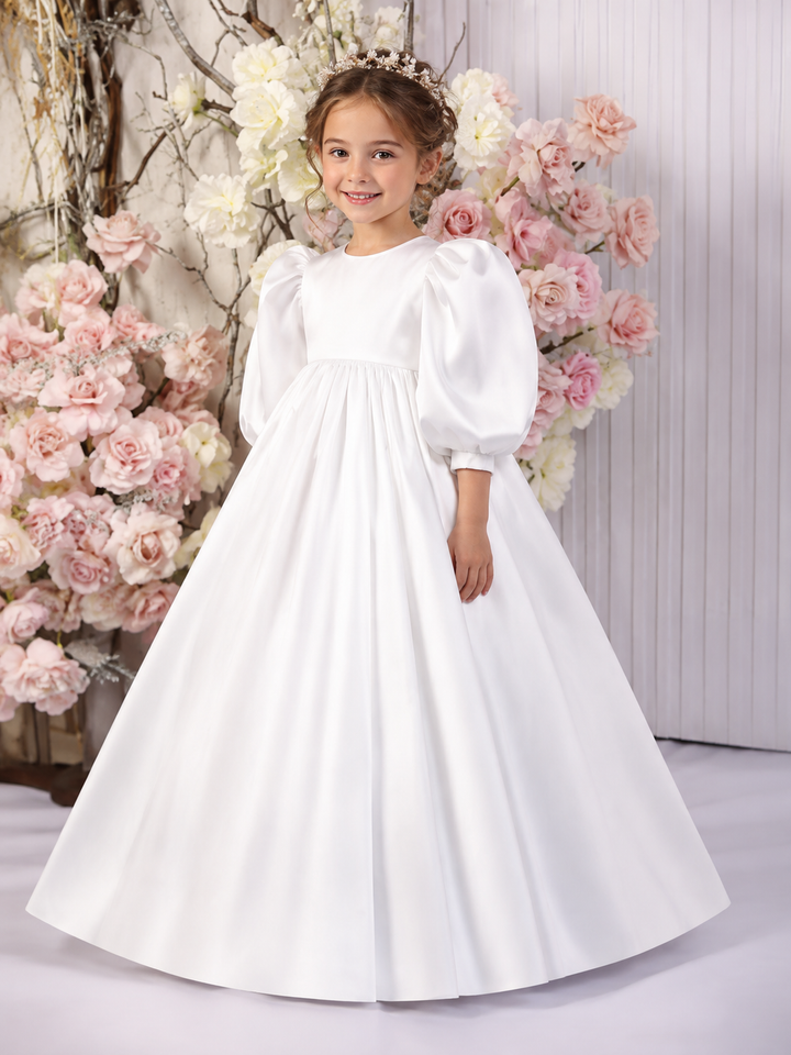 TinyTulle Elegant White Satin High-Waist Puff Sleeve Princess Flower Girl Dress