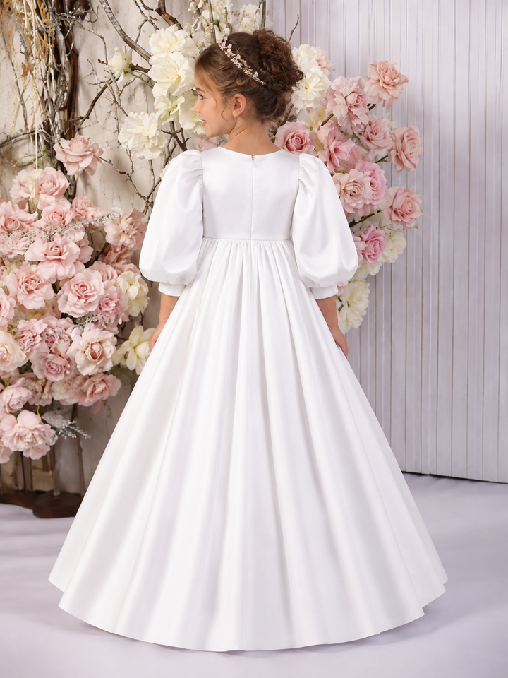 TinyTulle Elegant White Satin High-Waist Puff Sleeve Princess Flower Girl Dress