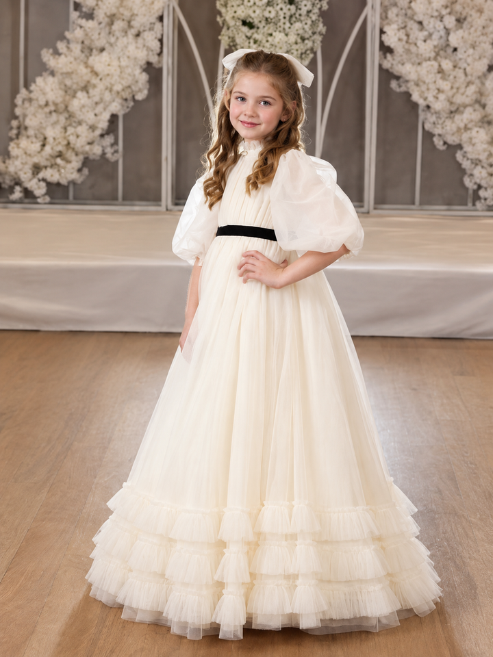 TinyTulle Vintage Ivory Ruffle Tulle Flower Girl Dress with Black Bow