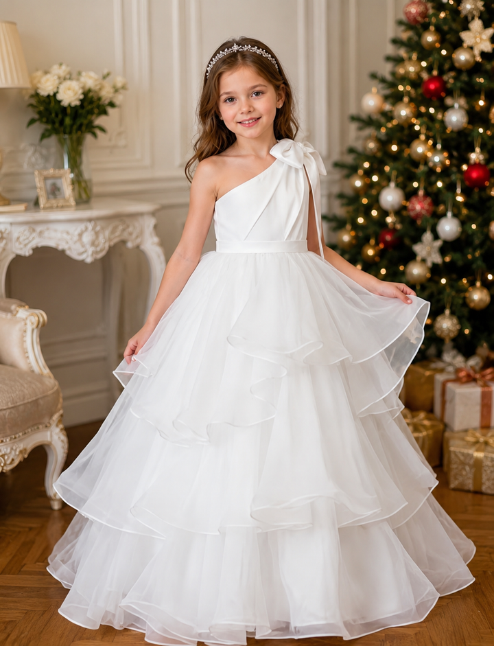 TinyTulle White One-Shoulder Tiered Tulle Flower Girl Gown for Weddings &amp; Special Occasions