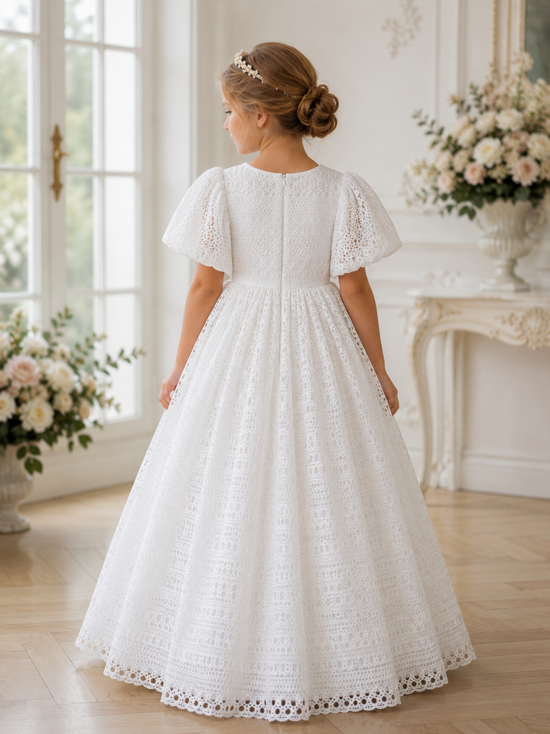 TinyTulle Elegant White Lace Puff Sleeve Flower Girl Dress for Wedding &amp; First Communion