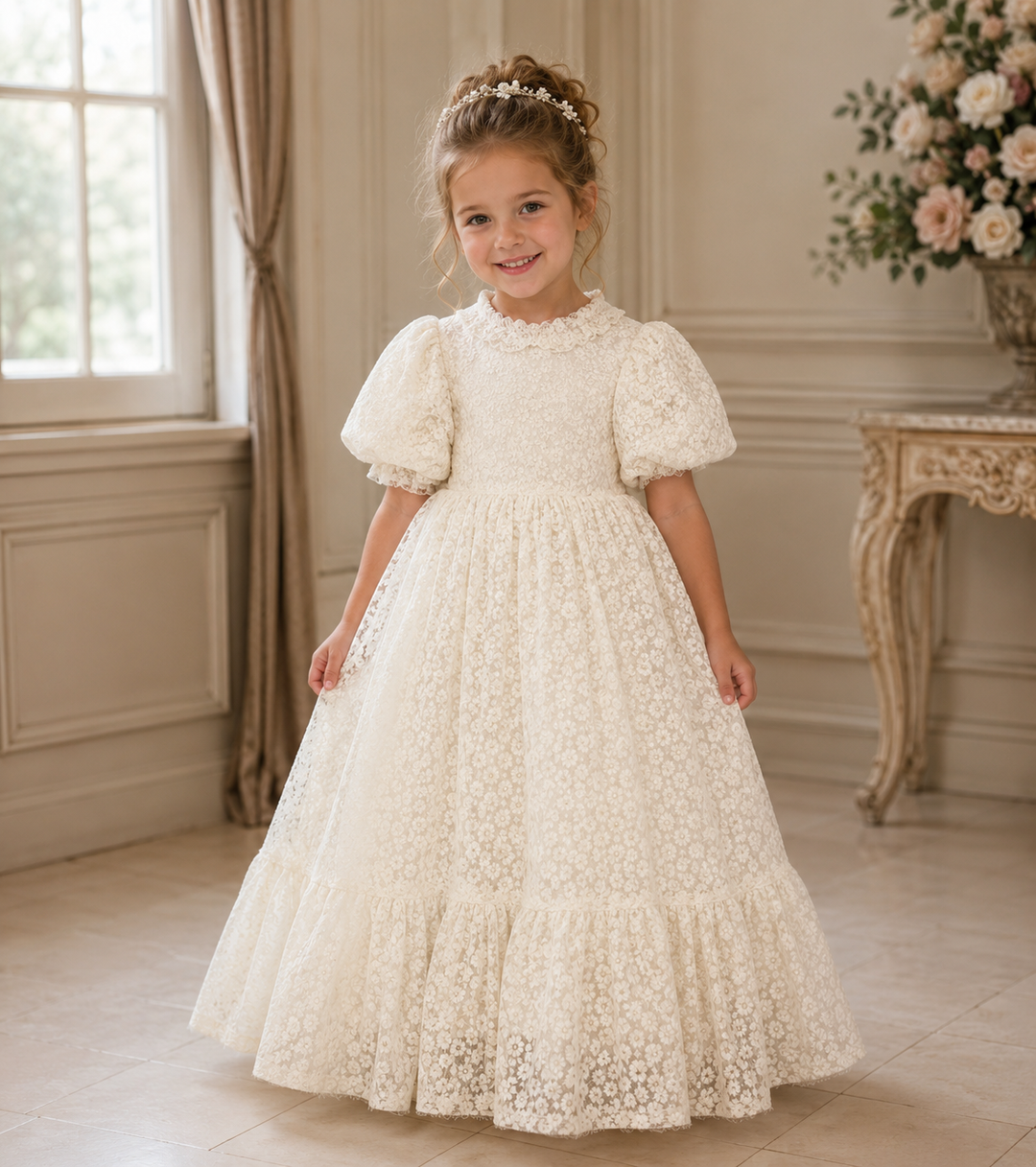 TinyTulle Vintage White Floral Lace Puff Sleeve Flower Girl Dress with for Wedding &amp; First Communion