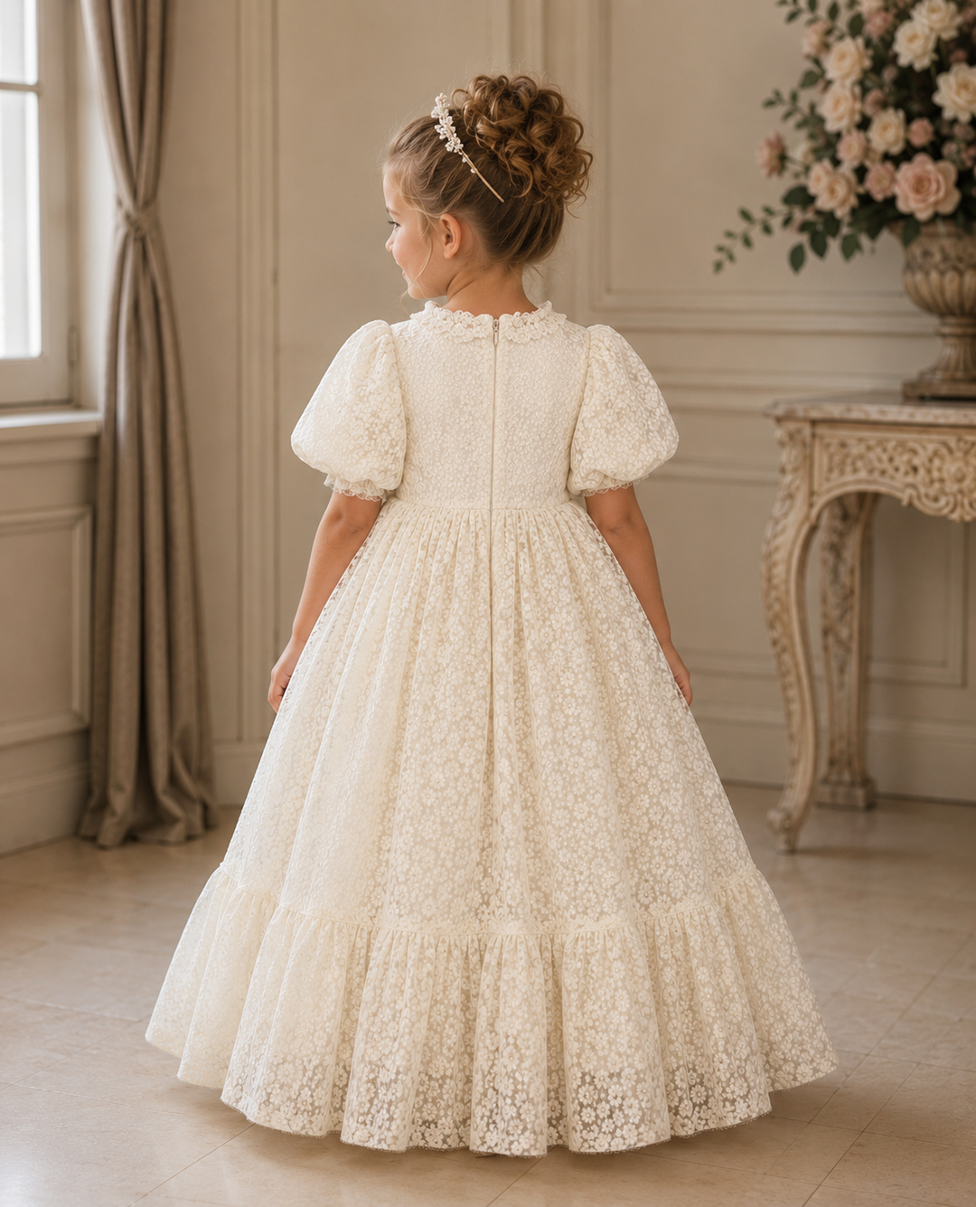 TinyTulle Vintage White Floral Lace Puff Sleeve Flower Girl Dress with for Wedding &amp; First Communion