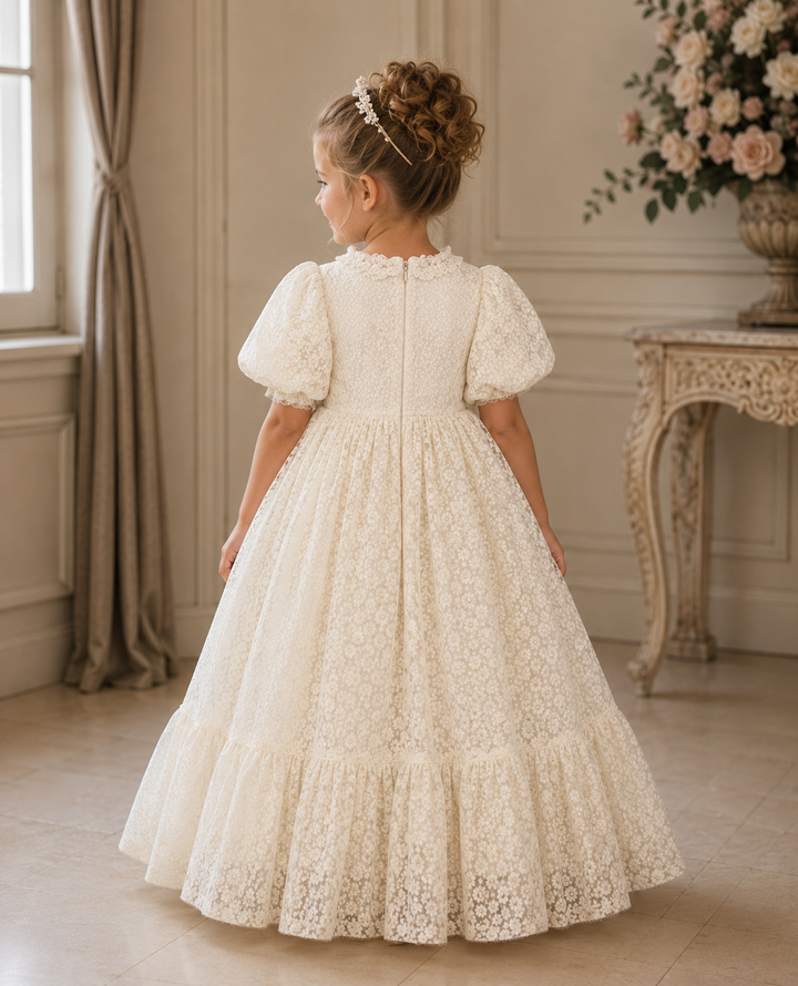 TinyTulle Vintage White Floral Lace Puff Sleeve Flower Girl Dress with for Wedding &amp; First Communion