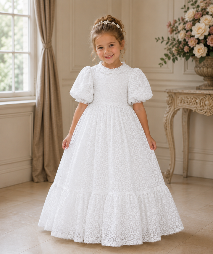 TinyTulle Vintage White Floral Lace Puff Sleeve Flower Girl Dress with for Wedding &amp; First Communion