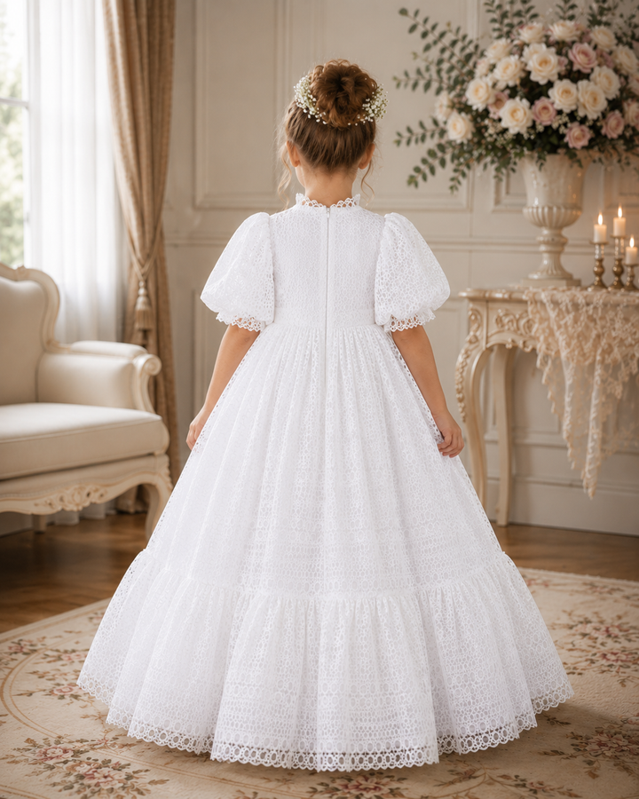 TinyTulle Elegant White Lace Puff Sleeve Flower Girl Dress for First Communion