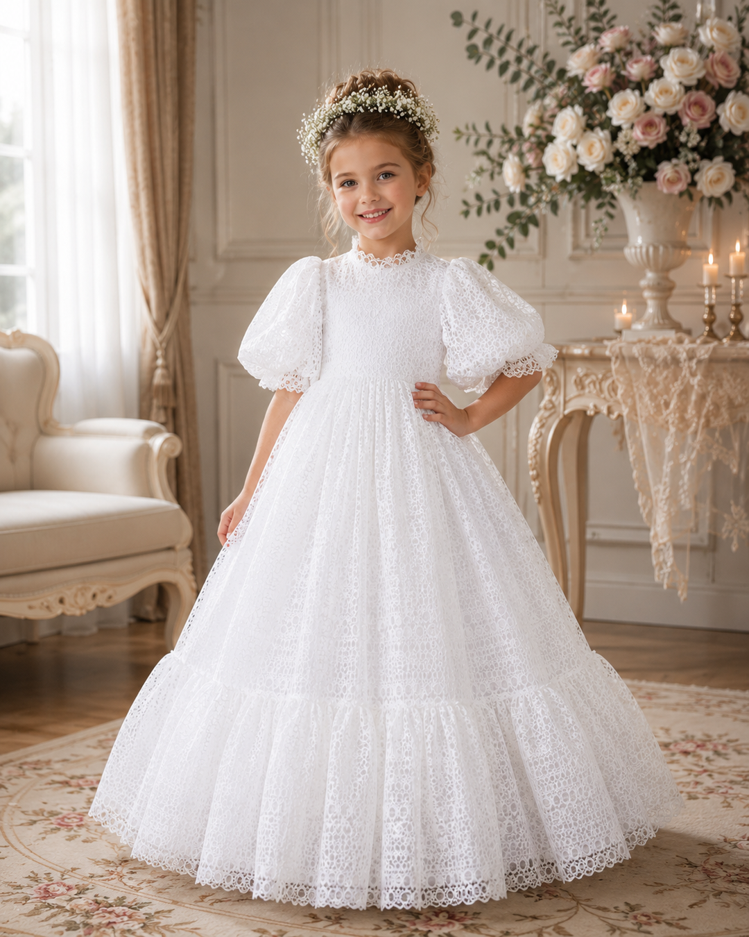 TinyTulle Elegant White Lace Puff Sleeve Flower Girl Dress for First Communion