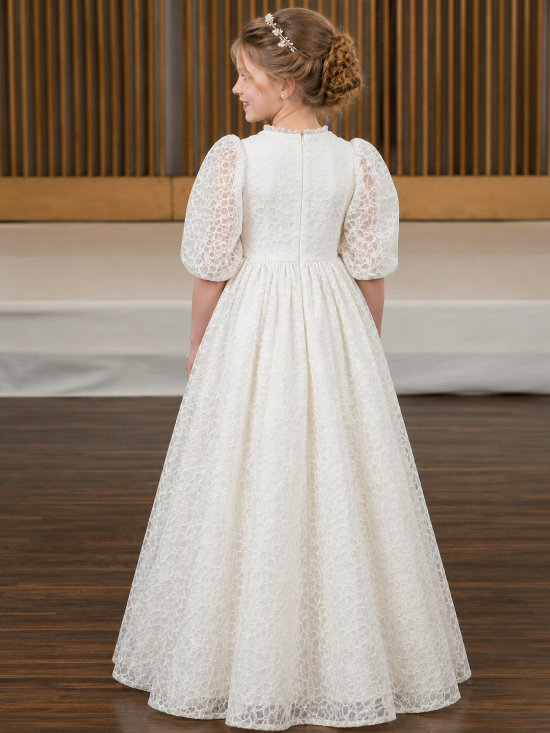 TinyTulle Classic White Lace Puff Sleeve Flower Girl Dress for Wedding &amp; First Communion