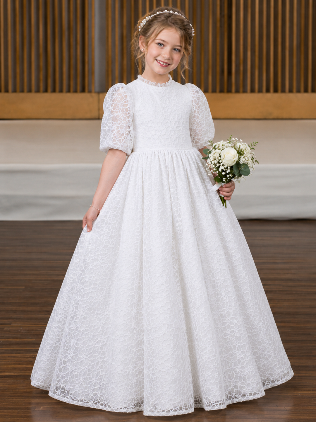 TinyTulle Classic White Lace Puff Sleeve Flower Girl Dress for Wedding