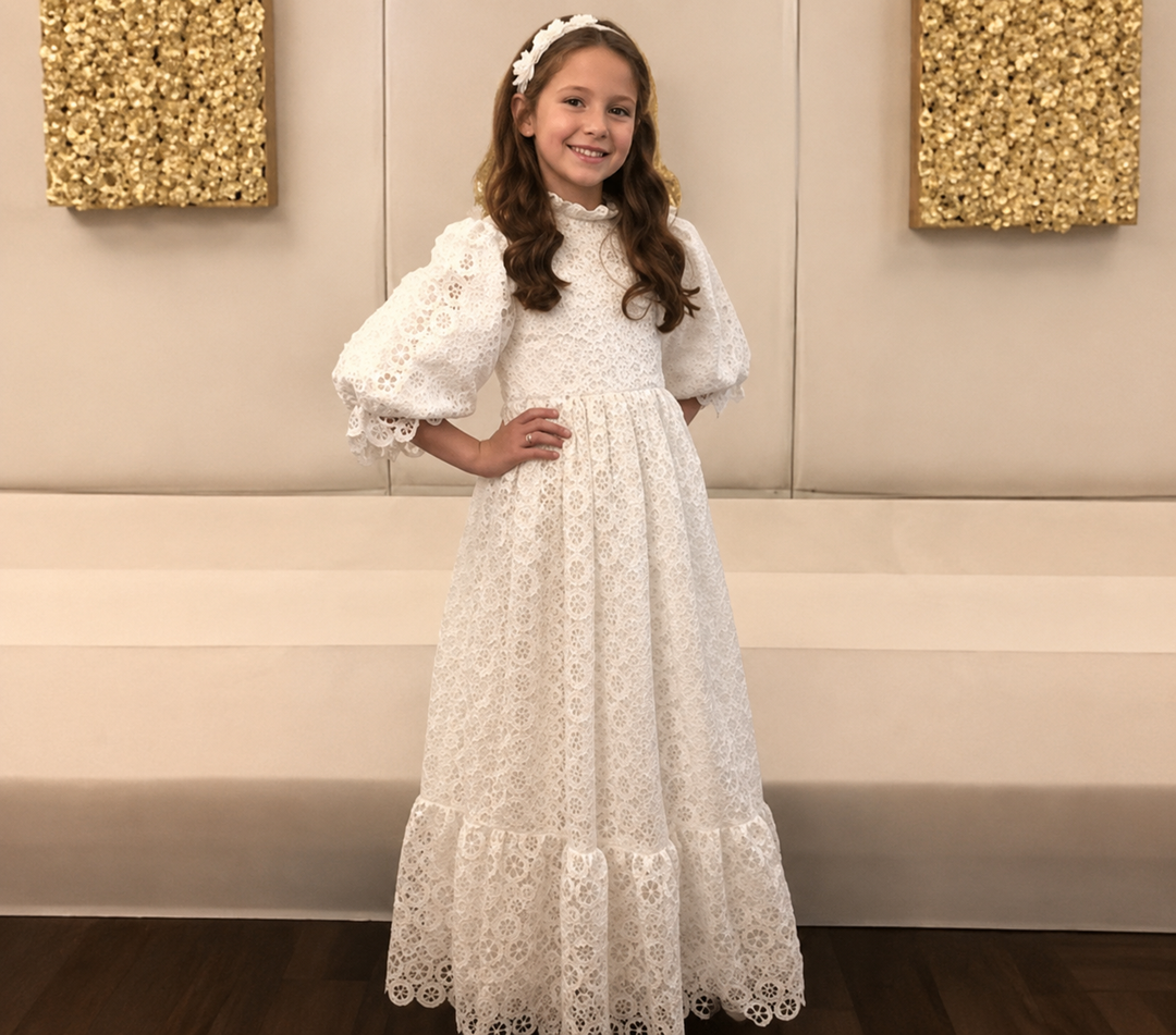 TinyTulle Vintage White Floral Lace High Neck Puff Sleeve Flower Girl Dress with Ruffle Hem