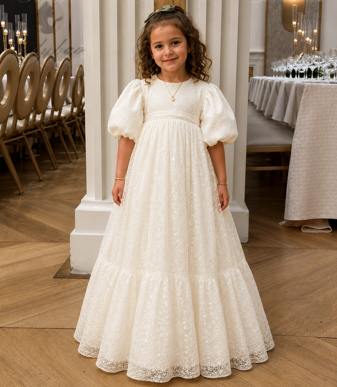 TinyTulle Elegant White Lace Puff Sleeve High Waist Flower Girl Dress for Wedding