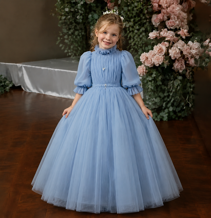 TinyTulle Elegant Blue Puff Sleeve Tulle Flower Girl Dress with High Neck &amp; Princess Skirt