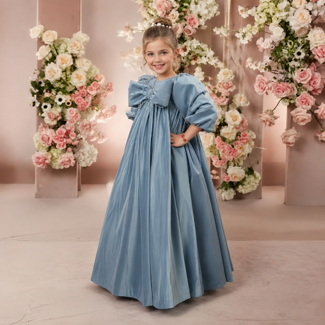 TinyTulle Dusty Blue Satin Puff Sleeve Flower Girl Dress with Bow Back
