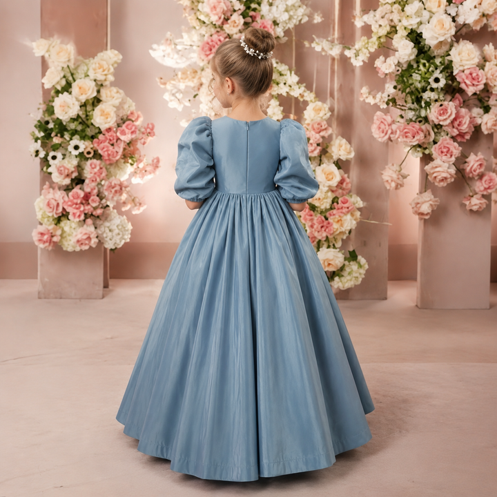 TinyTulle Dusty Blue Satin Puff Sleeve Flower Girl Dress with Bow Back