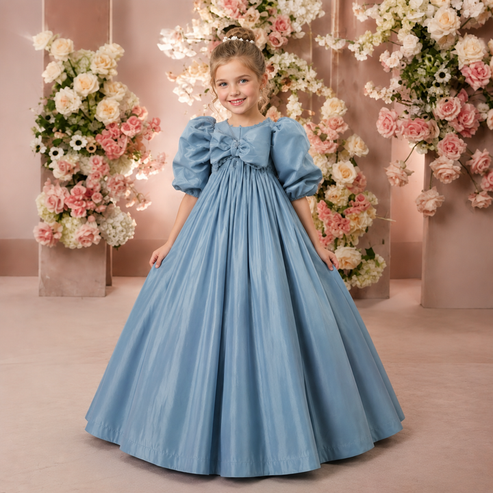 TinyTulle Dusty Blue Satin Puff Sleeve Flower Girl Dress with Bow Back