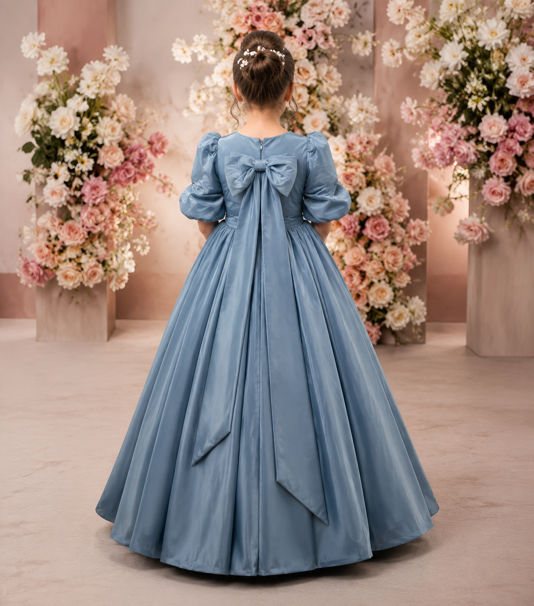 TinyTulle Dusty Blue Satin Puff Sleeve Flower Girl Dress with Bow Back
