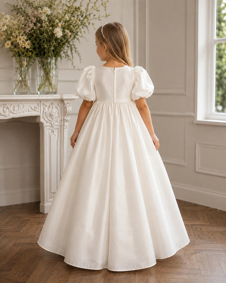 TinyTulle Elegant White Satin Puff Sleeve Flower Girl Dress with Princess Ball Gown Skirt