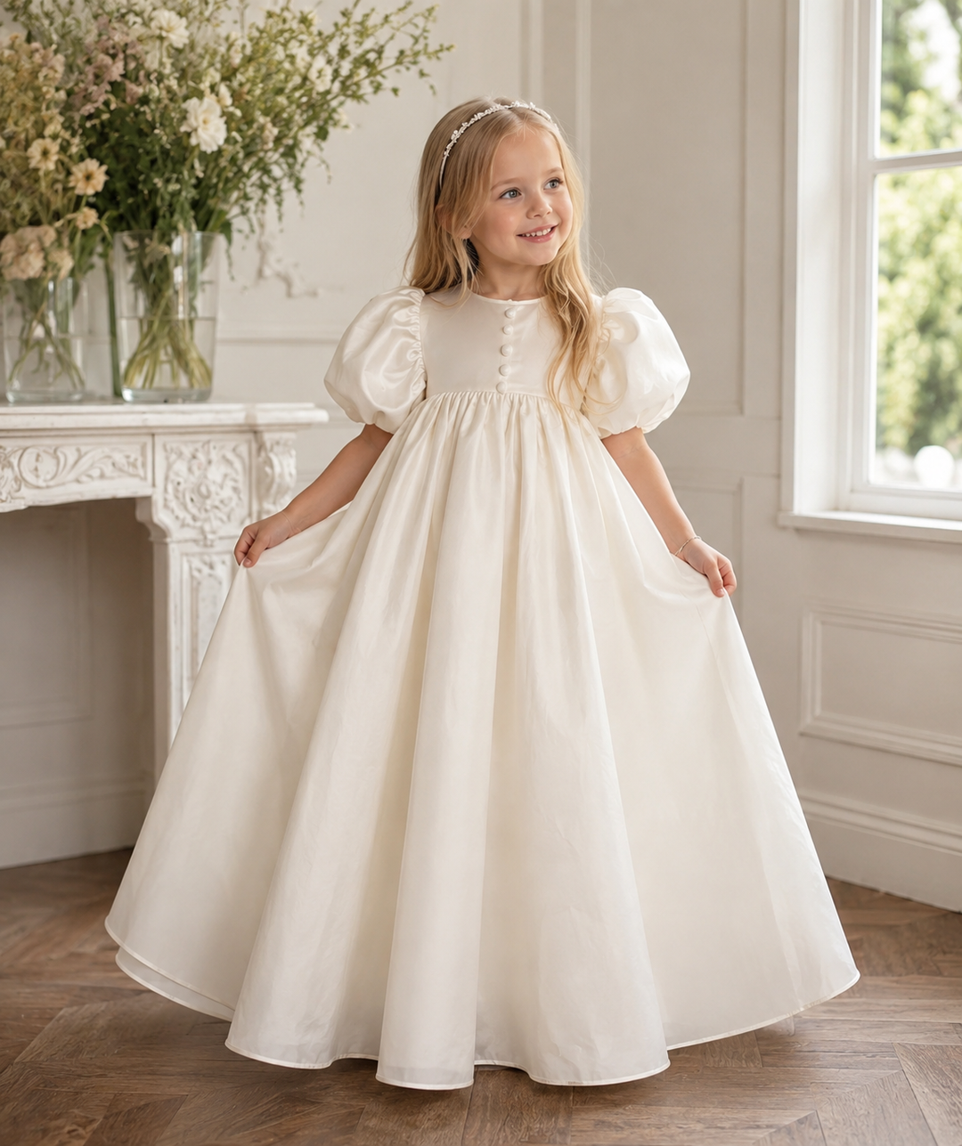 TinyTulle Elegant White Satin Puff Sleeve Flower Girl Dress with Princess Ball Gown Skirt
