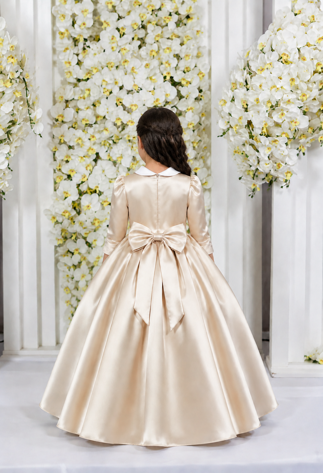 TinyTulle Elegant Champagne Satin Princess Flower Girl Dress with Bow Back