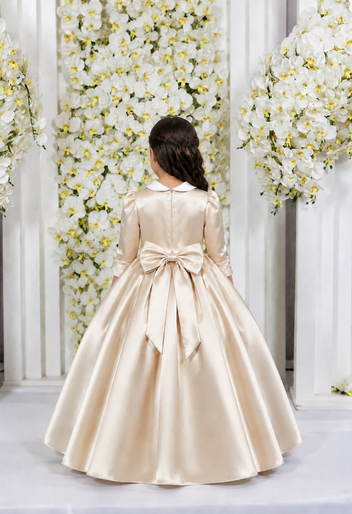 TinyTulle Elegant Champagne Satin Princess Flower Girl Dress with Bow Back