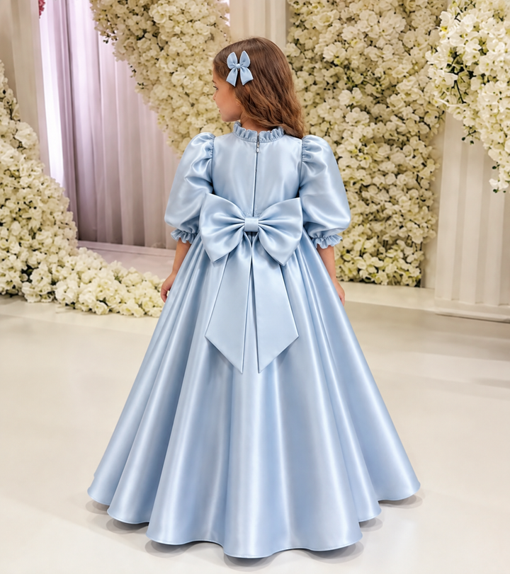 TinyTulle Elegant Baby Blue Satin High Waist Princess Flower Girl Dress with Puff Sleeves