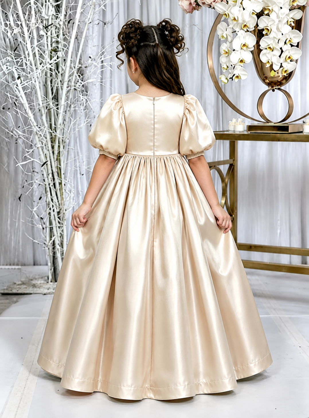 TinyTulle Elegant Champagne Satin Puff Sleeve Flower Girl Dress for Special Occasions
