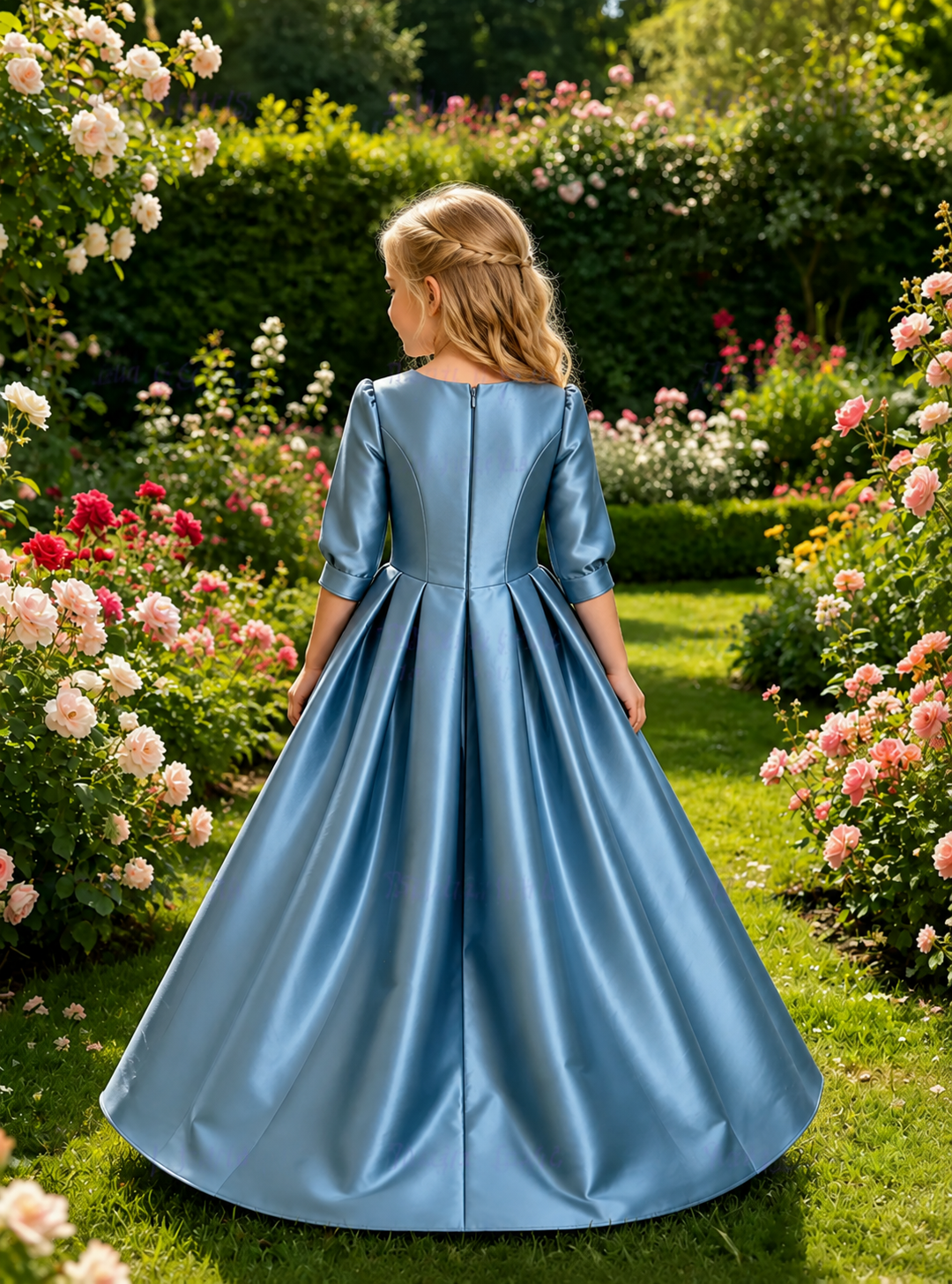 TinyTulle Elegant Dusty Blue Satin 3/4 Sleeve Floor-Length Flower Girl Dress with Full Skirt