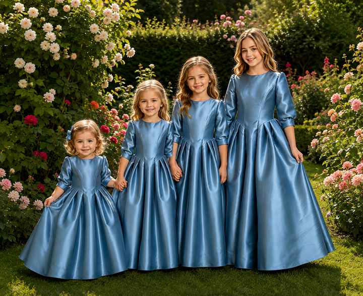 TinyTulle Elegant Dusty Blue Satin 3/4 Sleeve Floor-Length Flower Girl Dress with Full Skirt