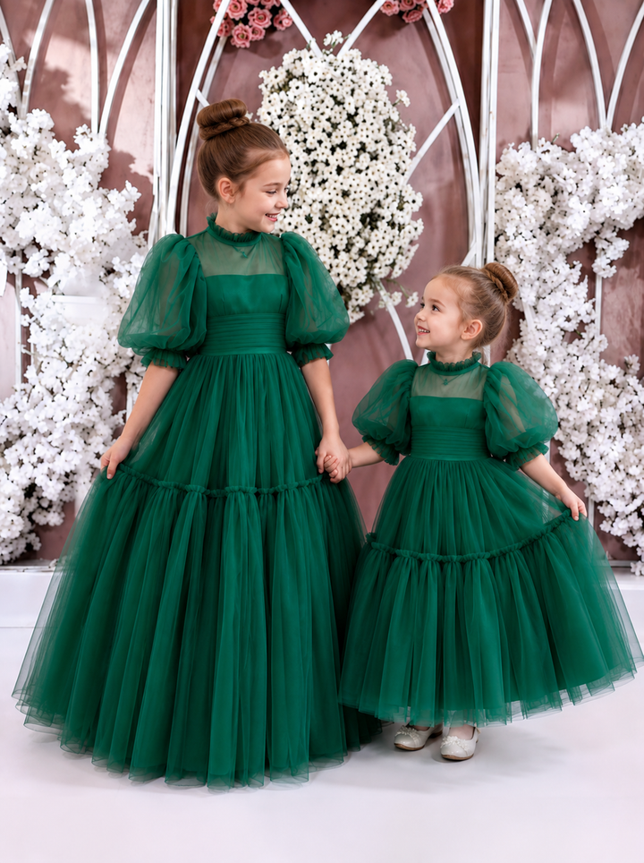 TinyTulle Elegant Emerald Green Tulle High Neck Puff Sleeve Tiered Flower Girl Dress