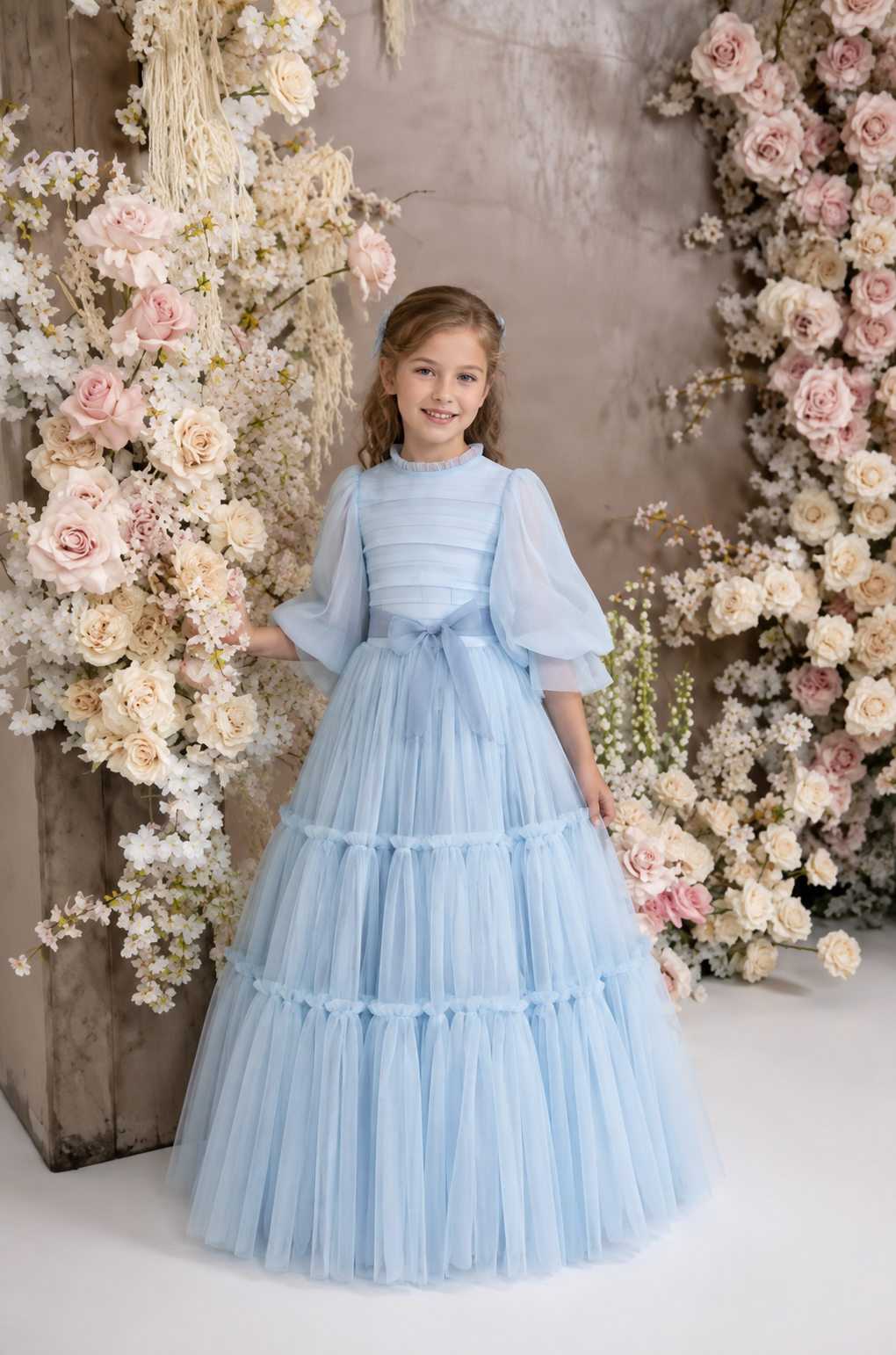 TinyTulle Elegant Light Blue Tulle Tiered Flower Girl Dress with Long Sleeves &amp; Bow Waist